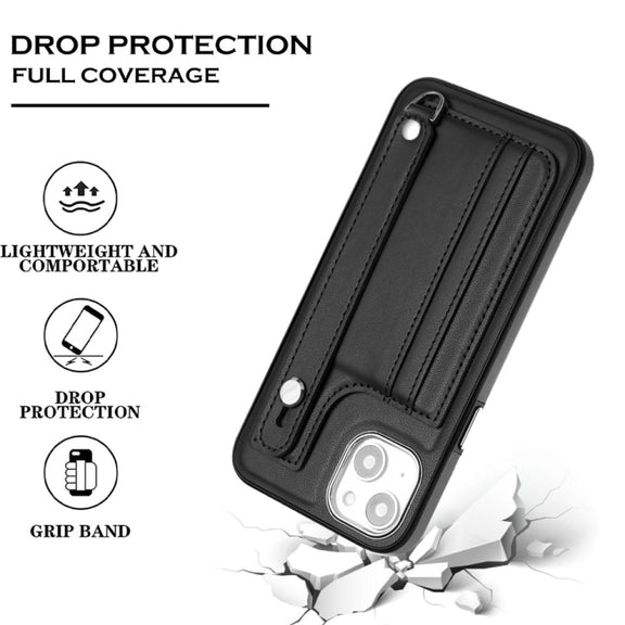 For iPhone 14 Plus Shockproof Leather Phone Case with Wrist Strap(Black)