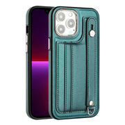 For iPhone 14 Pro Shockproof Leather Phone Case with Wrist Strap(Green)
