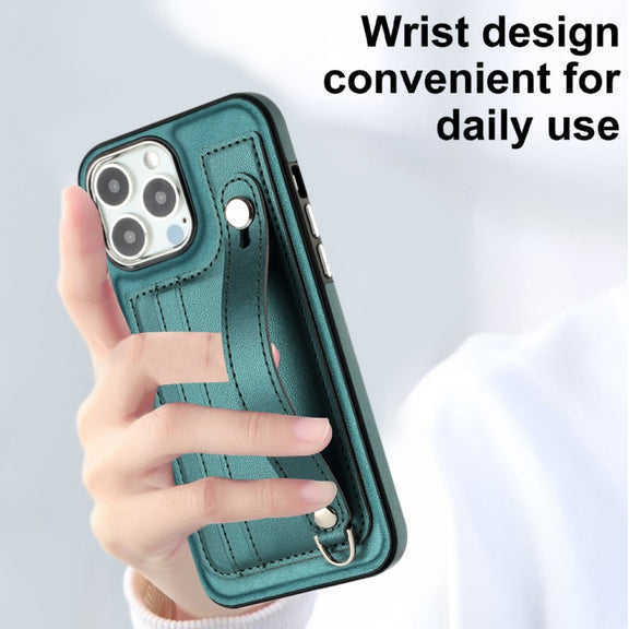 For iPhone 14 Pro Shockproof Leather Phone Case with Wrist Strap(Green)