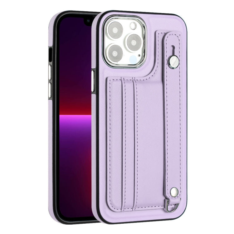 For iPhone 14 Pro Max Shockproof Leather Phone Case with Wrist Strap(Purple)