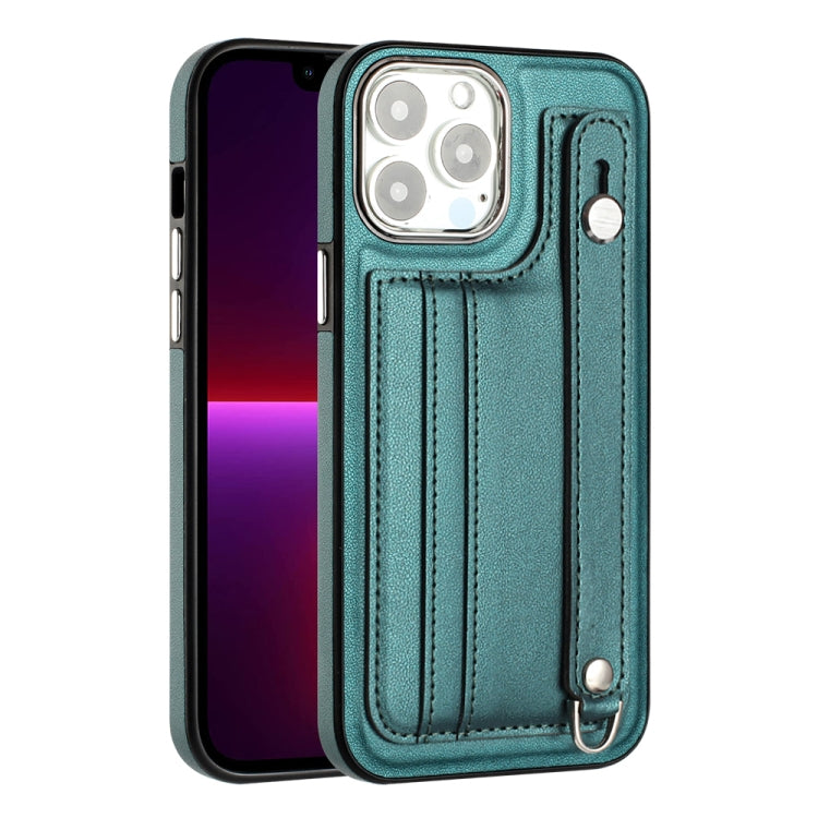 For iPhone 13 Pro Max Shockproof Leather Phone Case with Wrist Strap(Green)