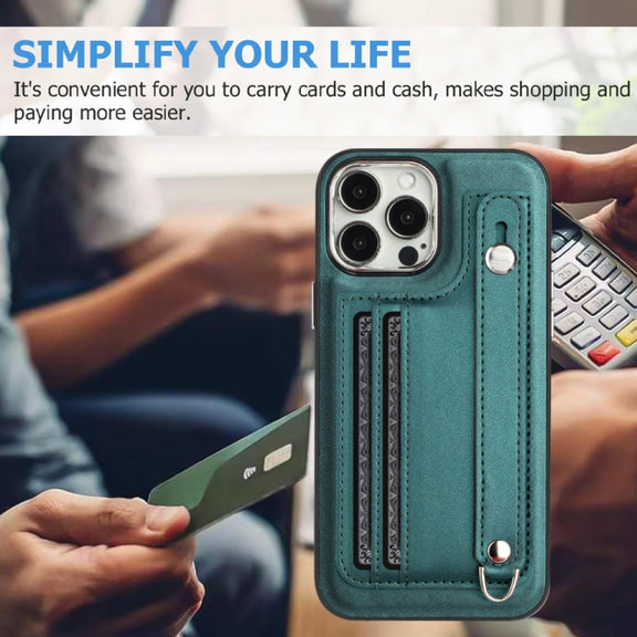 For iPhone 13 Pro Max Shockproof Leather Phone Case with Wrist Strap(Green)