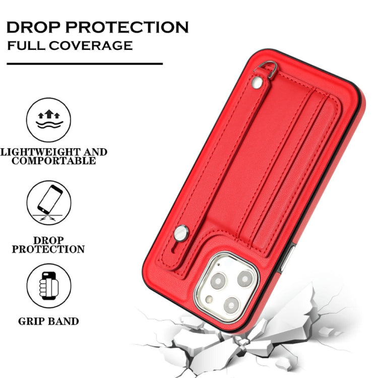 For iPhone 12 Pro Max Shockproof Leather Phone Case with Wrist Strap(Red)