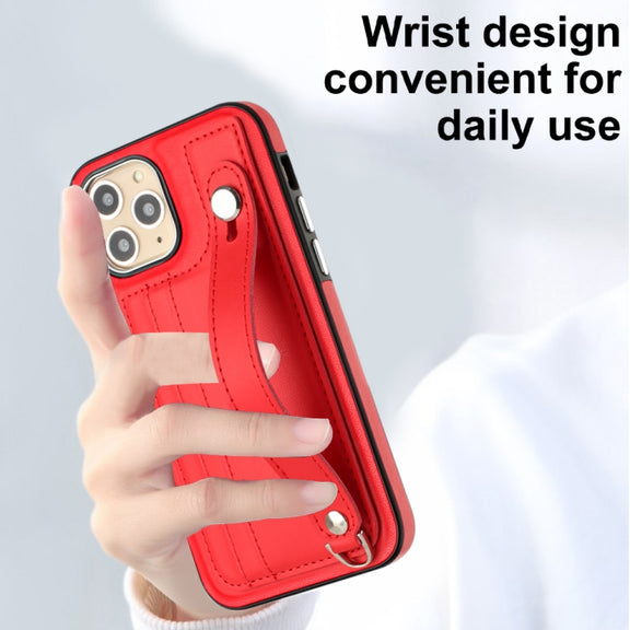 For iPhone 11 Pro Shockproof Leather Phone Case with Wrist Strap(Red)