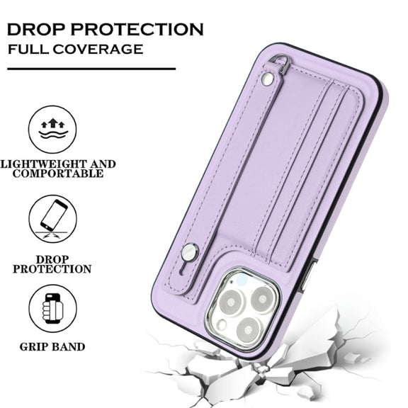 For iPhone 15 Pro Shockproof Leather Phone Case with Wrist Strap(Purple)