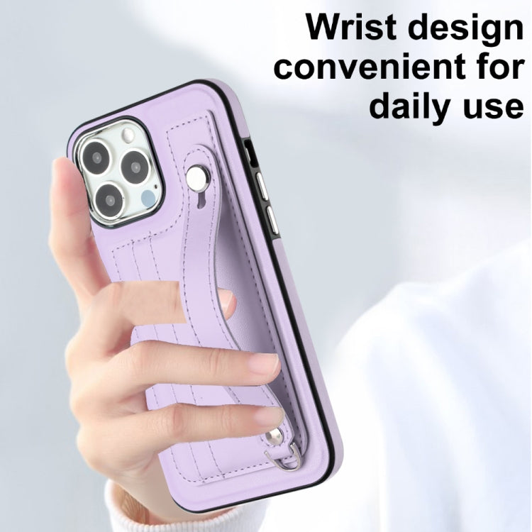 For iPhone 15 Pro Shockproof Leather Phone Case with Wrist Strap(Purple)