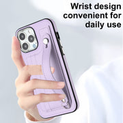 For iPhone 15 Pro Shockproof Leather Phone Case with Wrist Strap(Purple)
