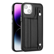 For iPhone 15 Shockproof Leather Phone Case with Wrist Strap(Black)