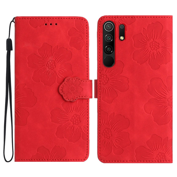 For Xiaomi Redmi 9 Flower Embossing Pattern Leather Phone Case(Red)