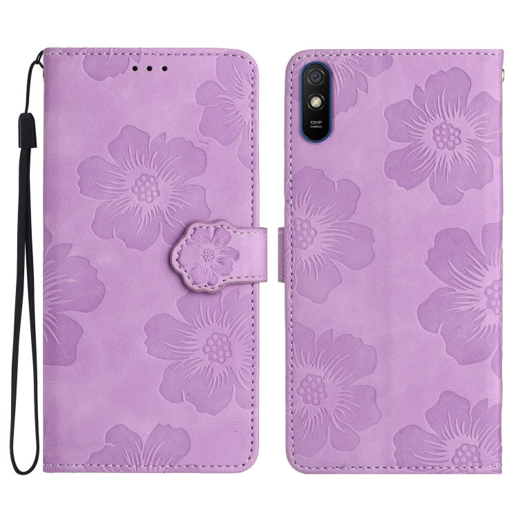 For Xiaomi Redmi 9A Flower Embossing Pattern Leather Phone Case(Purple)