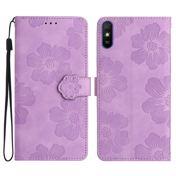 For Xiaomi Redmi 9A Flower Embossing Pattern Leather Phone Case(Purple)