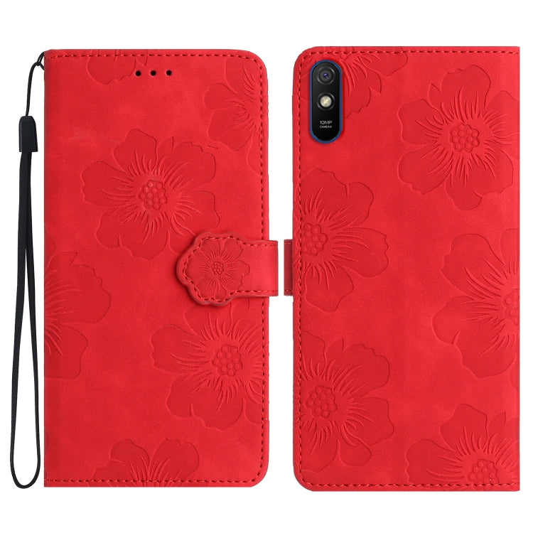 For Xiaomi Redmi 9A Flower Embossing Pattern Leather Phone Case(Red)