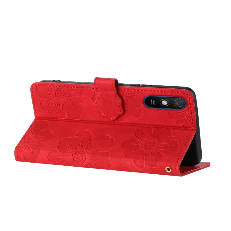 For Xiaomi Redmi 9A Flower Embossing Pattern Leather Phone Case(Red)