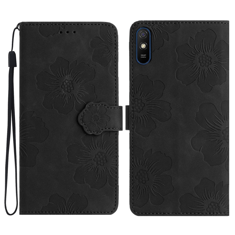 For Xiaomi Redmi 9A Flower Embossing Pattern Leather Phone Case(Black)