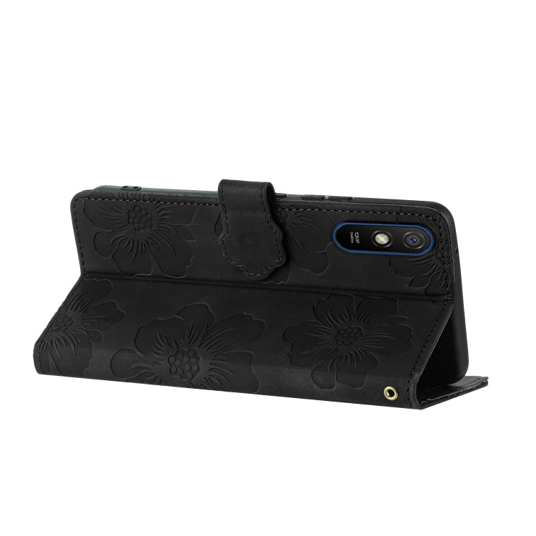 For Xiaomi Redmi 9A Flower Embossing Pattern Leather Phone Case(Black)