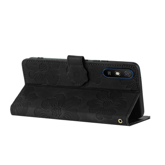 For Xiaomi Redmi 9A Flower Embossing Pattern Leather Phone Case(Black)