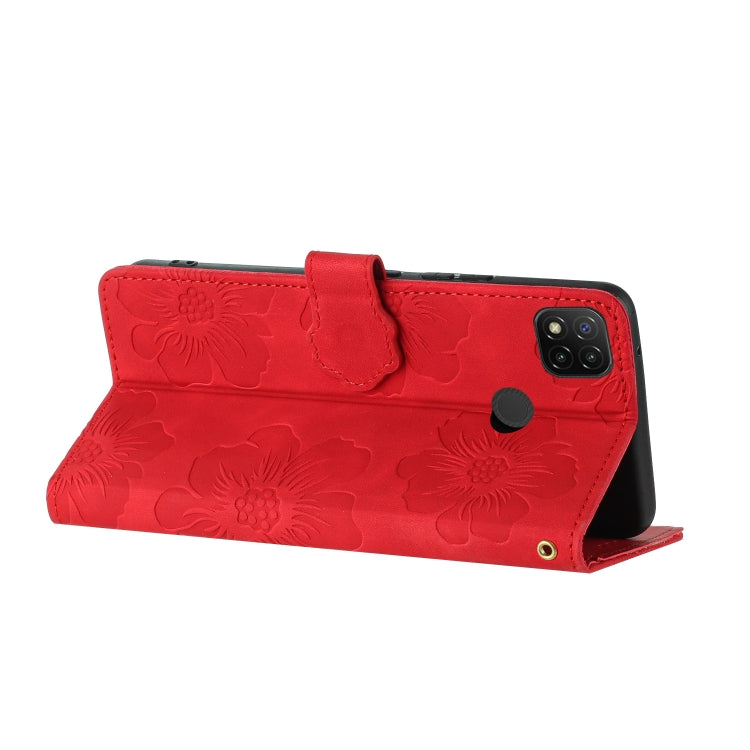 For Xiaomi Redmi 9C Flower Embossing Pattern Leather Phone Case(Red)