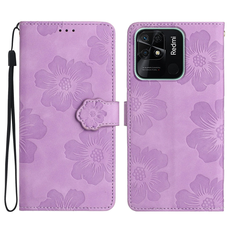 For Xiaomi Redmi 10C Flower Embossing Pattern Leather Phone Case(Purple)