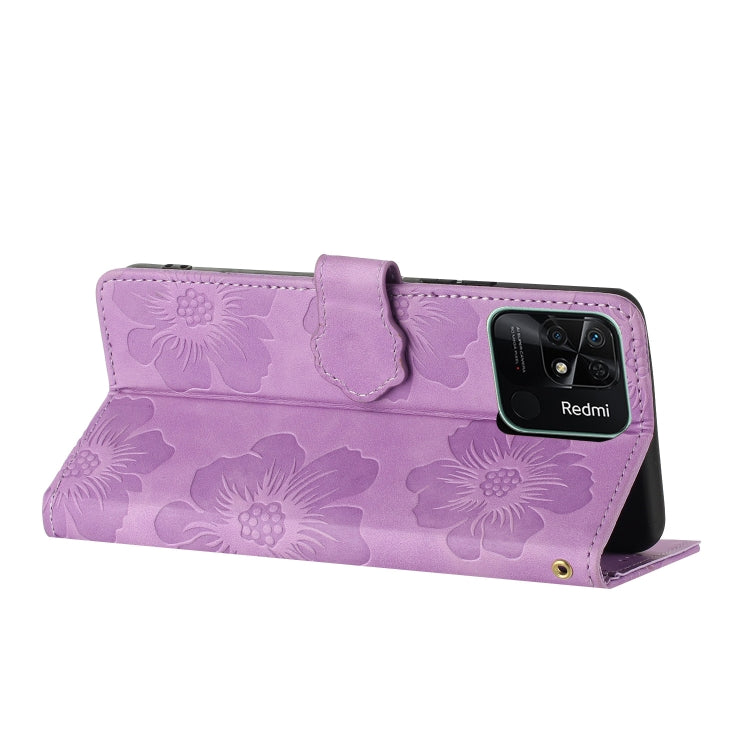 For Xiaomi Redmi 10C Flower Embossing Pattern Leather Phone Case(Purple)