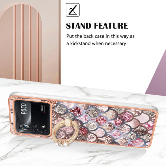 For Xiaomi Poco X4 Pro 5G Electroplating IMD TPU Phone Case with Ring(Pink Scales)