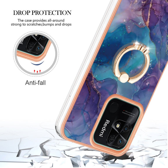 For Xiaomi Redmi 10C Electroplating Marble Dual-side IMD Phone Case with Ring(Purple 016)