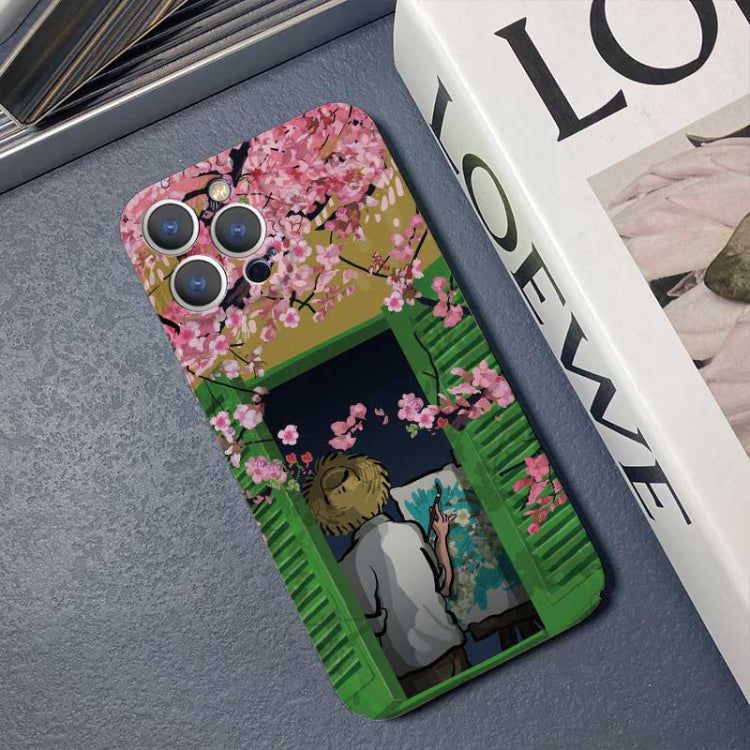 For iPhone 14 Pro Precise Hole Oil Painting Pattern PC Phone Case(Peach Blossom)