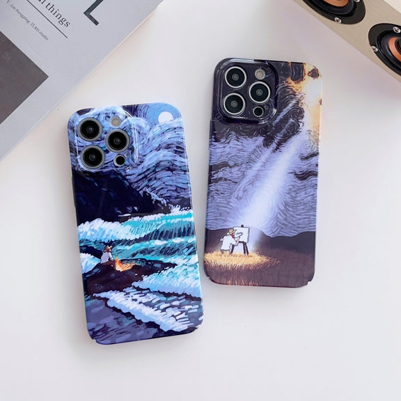 For iPhone XR Precise Hole Oil Painting Pattern PC Phone Case(Thinker)