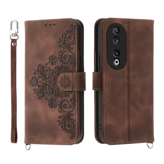 For Honor 90 5G Skin Feel Flowers Embossed Wallet Leather Phone Case(Brown)