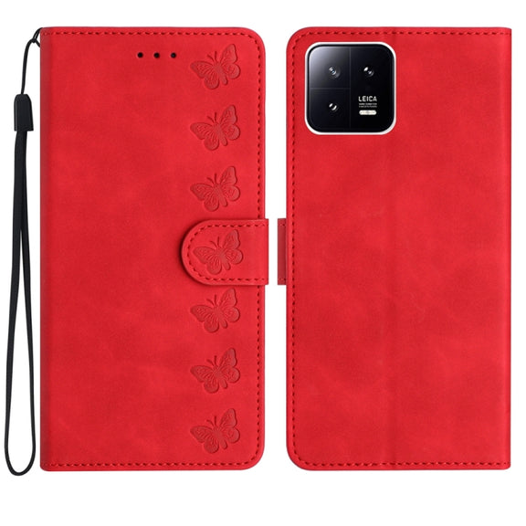 For Xiaomi 13 Seven Butterflies Embossed Leather Phone Case(Red)