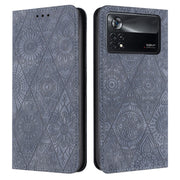For Xiaomi Poco X4 Pro 5G Ethnic Embossed Adsorption Leather Phone Case(Grey)