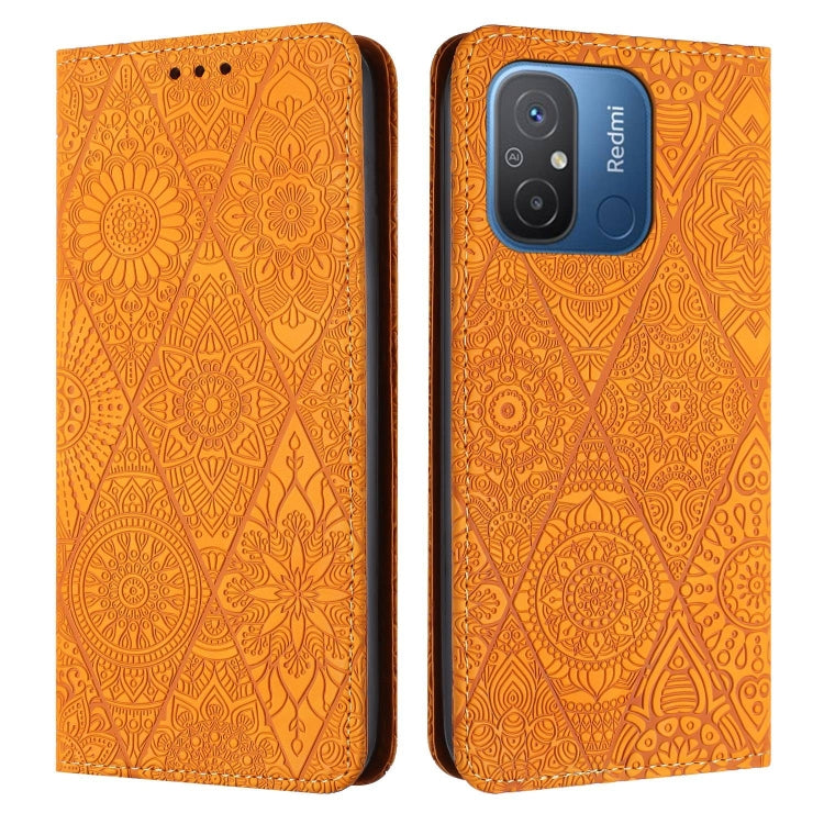 For Xiaomi Redmi 12C Ethnic Embossed Adsorption Leather Phone Case(Yellow)