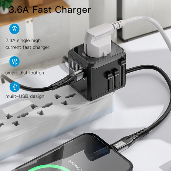 Yesido MC-10 3 USB + Type-C Ports Multi-function Universal Travel Adapter Plug(Black)