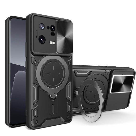 For Xiaomi 13 Pro CD Texture Sliding Camshield Magnetic Holder Phone Case(Black)