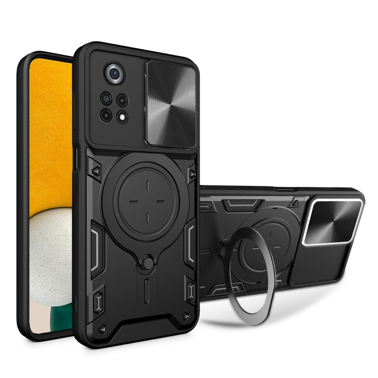 For Xiaomi Poco X4 Pro 5G CD Texture Sliding Camshield Magnetic Holder Phone Case(Black)