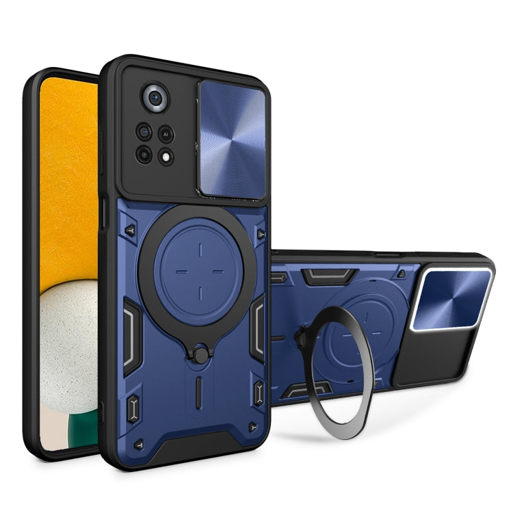 For Xiaomi Poco X4 Pro 5G CD Texture Sliding Camshield Magnetic Holder Phone Case(Blue)