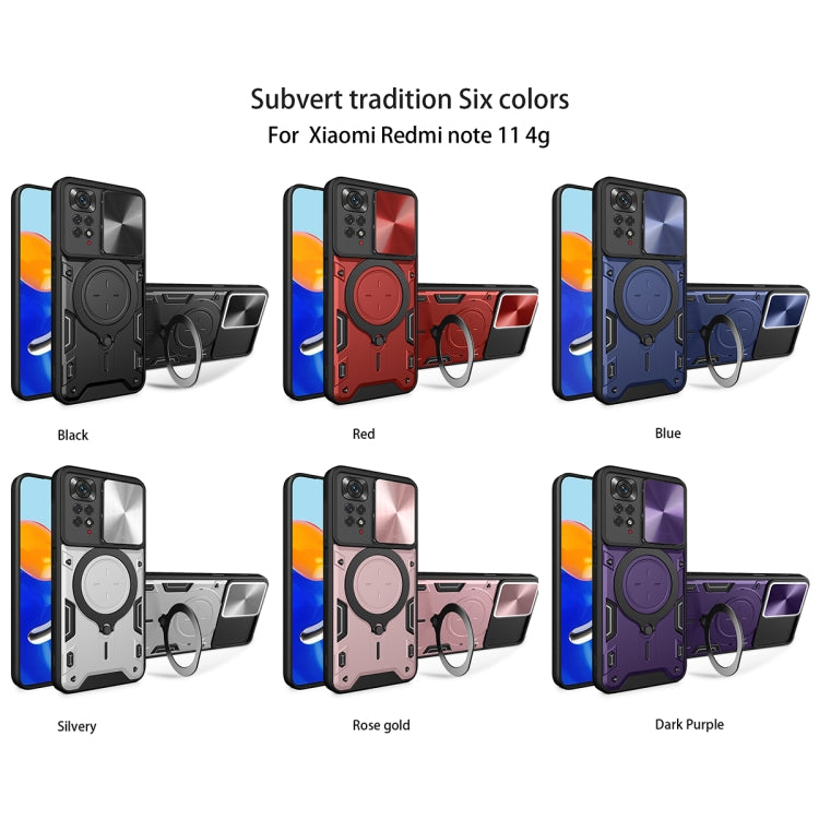 For Xiaomi Redmi Note 11 4G CD Texture Sliding Camshield Magnetic Holder Phone Case(Red)