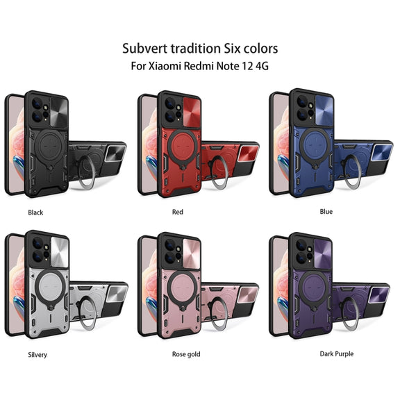 For Xiaomi Redmi Note 12 4G CD Texture Sliding Camshield Magnetic Holder Phone Case(Black)
