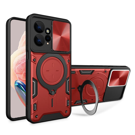 For Xiaomi Redmi Note 12 4G CD Texture Sliding Camshield Magnetic Holder Phone Case(Red)