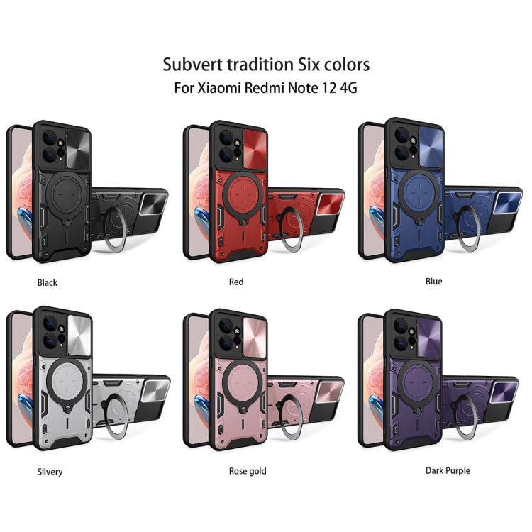 For Xiaomi Redmi Note 12 4G CD Texture Sliding Camshield Magnetic Holder Phone Case(Silver)