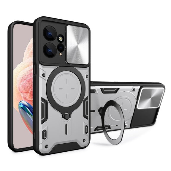 For Xiaomi Redmi Note 12 4G CD Texture Sliding Camshield Magnetic Holder Phone Case(Silver)