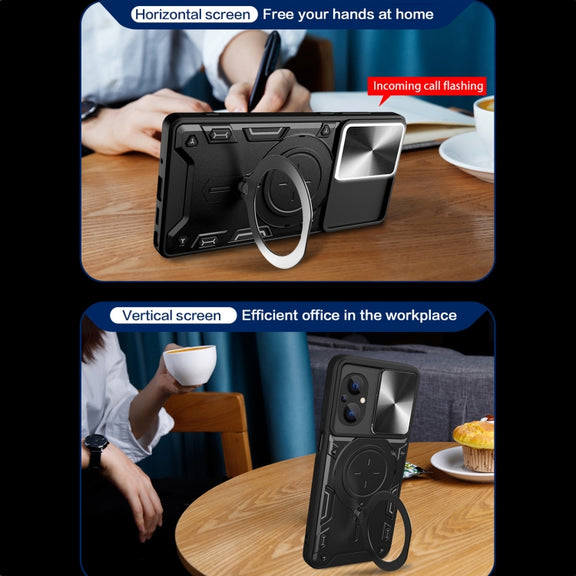 For Xiaomi Poco M5 5G CD Texture Sliding Camshield Magnetic Holder Phone Case(Black)