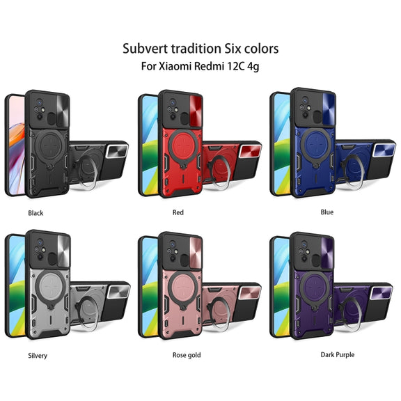 For Xiaomi Redmi 12C CD Texture Sliding Camshield Magnetic Holder Phone Case(Black)