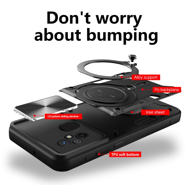 For Xiaomi Redmi 12C CD Texture Sliding Camshield Magnetic Holder Phone Case(Black)