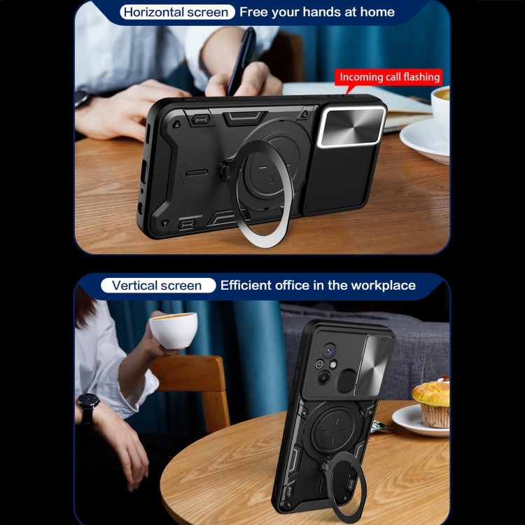 For Xiaomi Redmi 12C CD Texture Sliding Camshield Magnetic Holder Phone Case(Blue)