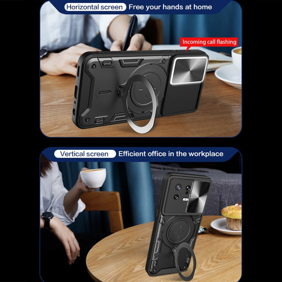 For Xiaomi 13 CD Texture Sliding Camshield Magnetic Holder Phone Case(Black)