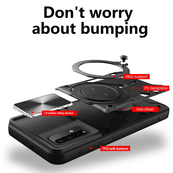 For Xiaomi Redmi Note 9 4G / Poco M3 CD Texture Sliding Camshield Magnetic Holder Phone Case(Red)