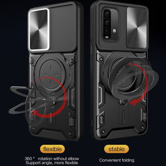 For Xiaomi Redmi Note 9 4G / Poco M3 CD Texture Sliding Camshield Magnetic Holder Phone Case(Blue)