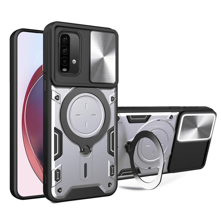 For Xiaomi Redmi Note 9 4G / Poco M3 CD Texture Sliding Camshield Magnetic Holder Phone Case(Silver)