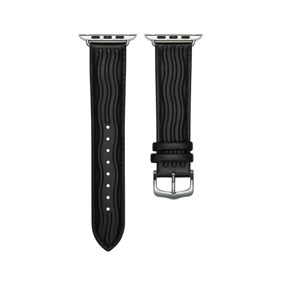 Embossed Line Genuine Leather Watch Band For Apple Watch SE 2022 44mm(Black)