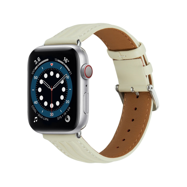 Embossed Line Genuine Leather Watch Band For Apple Watch 6 44mm(Milky White)